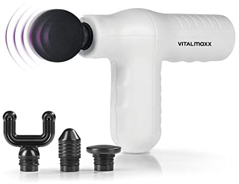 VITALmaxx Mini Massage Gun Smart Grip | Massagepistole mit 4 Aufsätzen für unterschiedliche Muskelgruppen | Integrierter Drucksensor mit 5 Leistungsstufen für eine intensive Massage [Weiß]