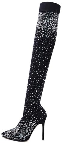 FGRID Stivali sopra il ginocchio con tacco alto da donna, stivali alti alla coscia al ginocchio strass scintillanti alla moda, stivali con calzini elasticizzati invernali con diamanti,Nero,40