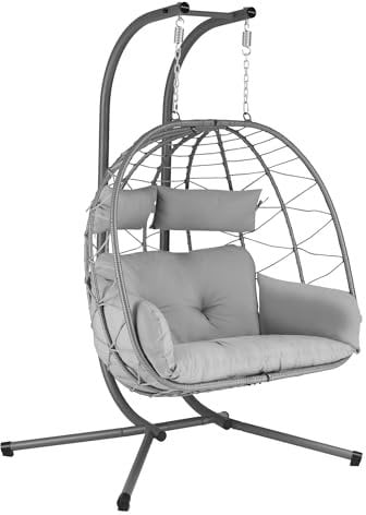 HinHocker Hängesessel für 2 Personen mit Gestell | Grau | XXL Hängeschaukel für Indoor und Outdoor | Inkl. Kissen und Auflagepolster | Doppelsitzer, Korbsessel, Hängesessel Terrasse, Hängekorb