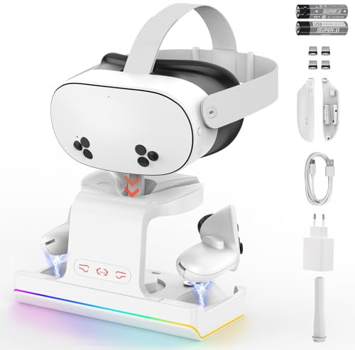 GEEKERA Ladestation Kompatibel mit Meta Quest 3S, Schnellladestation für Quest 3S Headset & Controller und Elite Strap, mit RGB-Leuchten, 2 wiederaufladbare Batterien, VR Zubehör