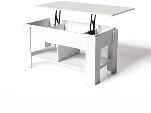 Ginhow Couchtisch Weiß Höhenverstellbar Aufklappbar Platte, Wohnzimmertisch Weiss mit Versteckem Stauraum und 2 Offenen Fächern, Sofatisch Modern Ausziehbar für Wohnzimmer Büro Studium