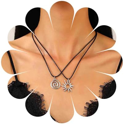 Cimenexe Bohème Spirale Sonne Choker Halskette Silber Metall Sonne Anhänger Halskette Spirale Wirbel Wachs Seil Halskette Schwarz Leder Schnur Kette Halskette Set Schmuck Für Frauen