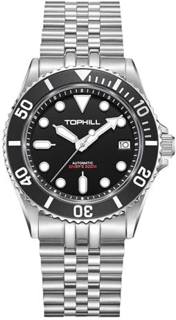 TOPHILL 300 m Herren-Taucheruhren, 40 mm, japanisches NH35-Uhrwerk, Saphirglas, C3, leuchtender Kalender, automatische mechanische Herrenarmbanduhren, TD007G, Silber, Schwarz, ST