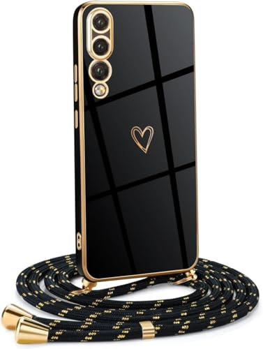 YAMCCCSE Coque avec Cordon Compatible avec Huawei P20 Pro, Galvanoplastie Motif Coeur d'amour Housse Antichoc TPU Silicone, Réglable Etui avec Lanière pour Huawei P20 Pro,Noir