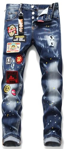 Kdtoll Jeans Uomo Slim Fit Strappati - Pantaloni in Denim Elasticizzato con Effetto Vernice Schizzata, Design Streetwear Ricamati Y2K, Stile Hip-Hop Casual per Outfit alla Moda