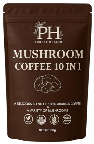Purest Health Mushroom Coffee - 10 mushroom in 1 Advanced Blend - Premium Arabica Coffee with Lions Mane, Maca and Ashwagandha - Vegan & Non-GMO, 180g, 36 Servings