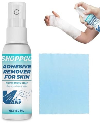 SHOPPGO Adhesive Remover for Skin, Plaster Remover for Skin, Stoma Adhesive Remover Spray with a Small Towel, Bandages and Residual Glue, Silky Touch, Quick to Use, 30ml