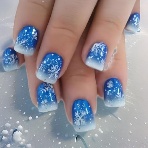 fdsmall Kurze quadratische Presse auf Nägel Weihnachts gefälschte Nägel Weihnachtsmann Baum Schneeflocken Bling glänzende falsche Nagel Künstliche Nägel für Frauen (Blau)