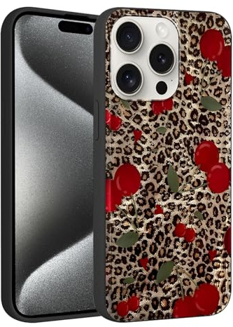 Foonary Leopard Cherry Print Case for iPhone 15 Pro 6.1,Cute Aesthetic Design Silicone Soft cheetah print Pattern Phone Cover for Girls, Preppy Shockproof Protective Case for Women