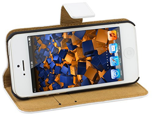 mumbi Echt Leder Bookstyle Case kompatibel mit iPhone SE (2016) / 5 / 5S Hülle Leder Tasche Case Wallet, Weiss