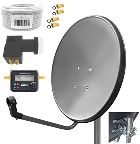 60cm HD Sat Anlage Quad LNB + 20m Koaxialkabel 135dB + Satfinder + 4 F-Stecker Digital 4 Teilnehmer Antenne Grau UHD 4K