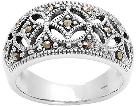 Silverly Frauen .925 Sterling Silber Markasit Simulierte Oxidiertes Art Deco Stil Band Ring