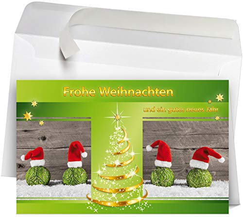 50 Premium Weihnachtskarten mit Umschlag Set für Firmen, hochwertige Klappkarten 19 x 12 cm groß, Team Weihnachtsbaum Mützen grün