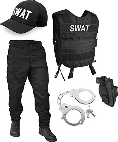 normani SWAT oder Security Kostüm bestehend aus Weste, Patch, Hose, Holster, Cap und Handschellen - (S - 6XL) Farbe SWAT Größe L