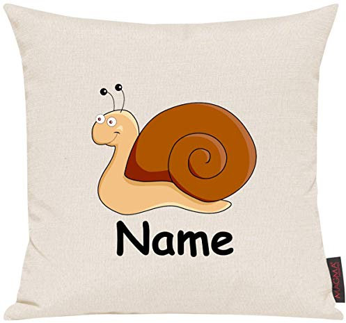 Shirtinstyle Sofakissen Kinderkissen Tiermotiv Schnecke mit Wunschnamen, Größe 40 x 40cm, Farbe Elfenbein