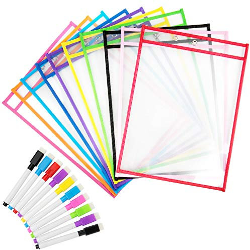 Diealles Shine 10 Stück verschiedene Farben, trocken abwischbare Taschen, wiederverwendbar, mit Stiften, für Büro- und Bildungsbedarf, 35,5 x 25,5 cm