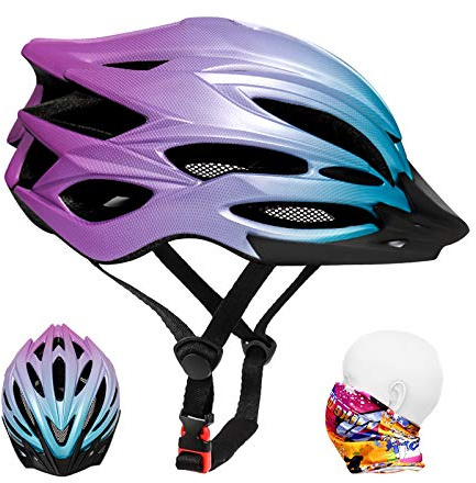 Premium Adult Bike Helmet with Headwear, Detachable Sun Visor and Insect Net, Lightweight Bicycle Helmet Youth Men Women for Cycling Roller Scooter Hover Board BMX Skateboard (Gradient Blue Purple)