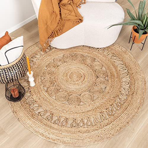 FRAAI | Home & Living Jute Teppich Rund - Fair Rotan Natur - Jute - Flachgewebe - Einfarbig - Boho, Modern - Wohnzimmer, Esszimmer, Schlafzimmer - Carpet