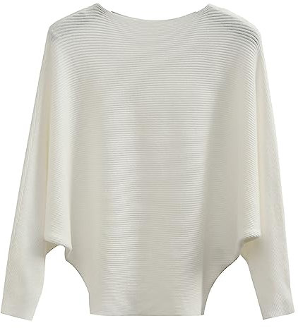 FULIER Boat Neck Batwing Sleeves Dolman Knitted Sweaters and Pullovers Tops for Women One Size (White)