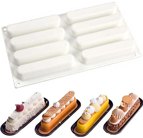 DUBENS 8-Cavity Eclair Moule en silicone pour la cuisson de gâteaux en mousse, moule à dessert français pour pâtisserie, chocolat, brownie