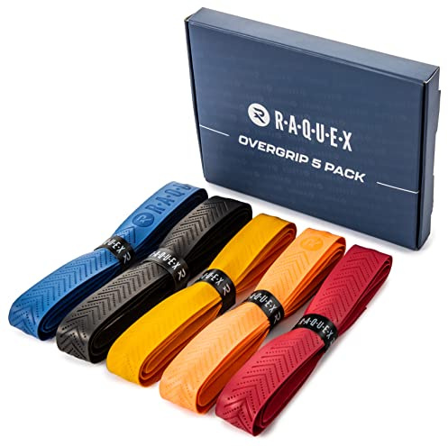 Raquex Racket Ridged Overgrip Tape - 5 Pack Racquet Over Grip Tape Anti Slip - Tennis, Badminton, Squash – Black, Blue, Red, Yellow, Orange – Recyclable cardboard outer packaging