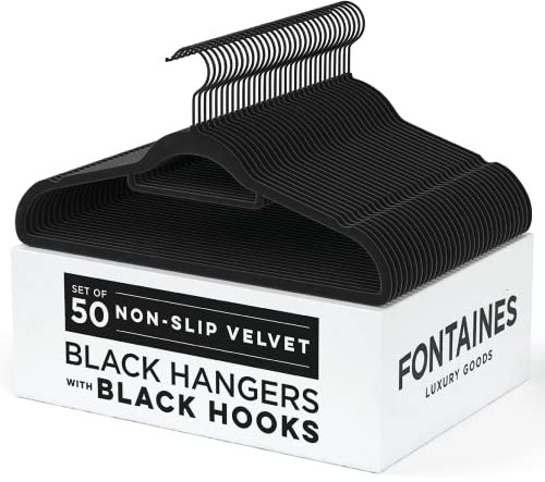 Fontaines - Perchas Antideslizantes de Terciopelo Negro y Negro de Lujo, Paquete de 50, Ultra Delgadas y ahorran Espacio, Resistentes con Gancho Giratorio de 360 Grados para Ropa, Trajes, Parte