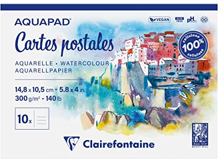 Clairefontaine 975954C - Bloc Encollé Cartes Postales Aquapad - 20 Feuilles Papier Aquarelle Blanc Grain Moyen Fin A6 14,8x10,8 cm 300g - Idéal pour les Artistes Globe-trotteurs