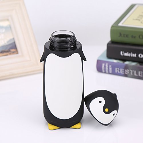 Akozon 300 ML Mignon, Portable Pingouin Verre Bouteille D'eau Bande Dessinée Penguin Double Couche Tasse Voyage Noir d'eau en Plein Air Conteneur Potable pour Enfants(Noir)
