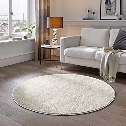 TacaHome Kurzflor Teppich Designer I Flauschiger Flachflor fürs Wohnzimmer, Esszimmer, Schlafzimmer oder Kinderzimmer | 150 cm rund Natur Weiß