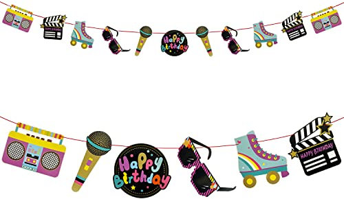Oblique Unique® Happy Birthday Konfetti Set 12 Stk. oder Retro Girlande Hängedeko Banner Farbenfrohe Retro Motive zum Dekorieren Kindergeburtstag Geburtstag Deko (Bunt - Girlande)