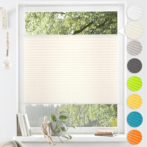 Plissee ohne Bohren Hohe-Qualität Aluminiumstangen,Beige35x80cm,Diagonales System,Plissee Klemmfix Einfache Montage Sichtschutz und Sonnenschutz für Schlafzimmer Badezimmer Wohnzimmer Fenster&Tür