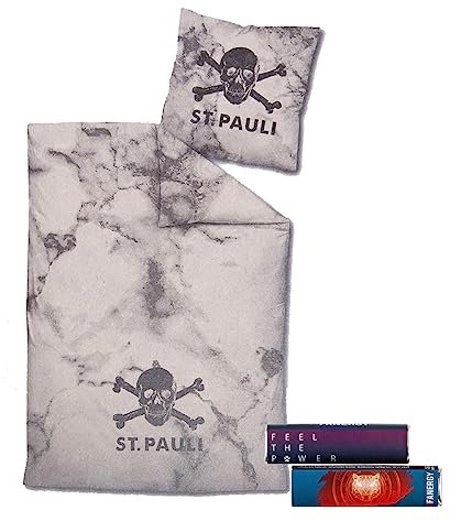 FC St. Pauli Bettwäsche Set 2teilig Kissen Decke 135x200cm Kissenbezug 80x80cm- Bio-Baumwolle - Schlafzimmer Garnitur (Totenkopf Marmor)