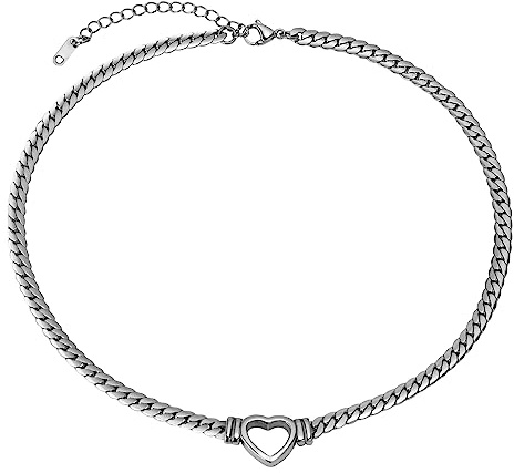 JewelryWe Halskette Herz Damen Panzerkette: Punk Edelstahl Kubanische Kette Choker Halskette mit Herz Anhänger Flach Panzerkette Chunky Kragen Halskette für Frauen Mädchen