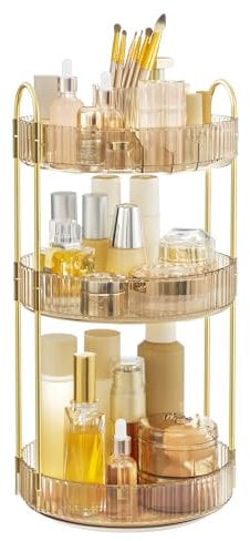 SONGMICS Make-up Organizer drehbar, Kosmetik-Organizer rund, 3 Ebenen, Kosmetik Aufbewahrung, anpassbar, für Schminktisch, Geschenkidee, Champagnergold JKA011A01