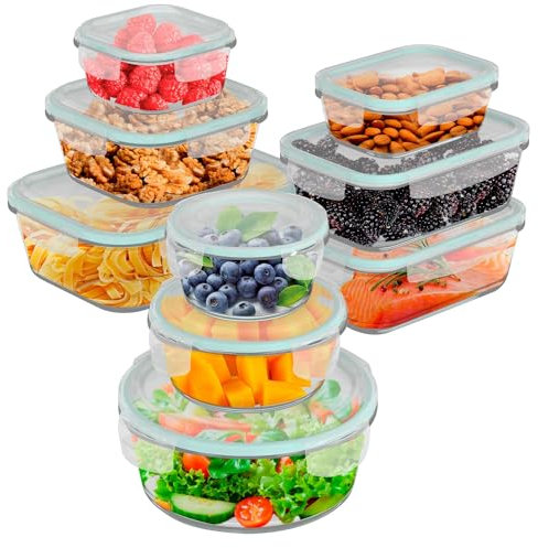 edihome, Boîte Alimentaire Hermétique en Verre, 8, 14 ou 18 pièces, pour aliments hermétiques, Résistant au lave-vaisselle, Rangement Cuisine, sans BPA, certifié FDA (9 récipients)