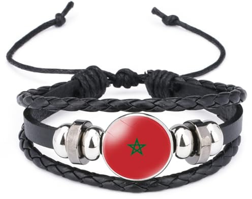 Cernomal Bracelet Drapeau du Maroc - Charme des Pays Africains Bracelet en Cuir Tissé Multicouche, Bracelet Unisexe Accessoires De Bijoux De Manchette De Mode Créative, Noir, Long: 18 C