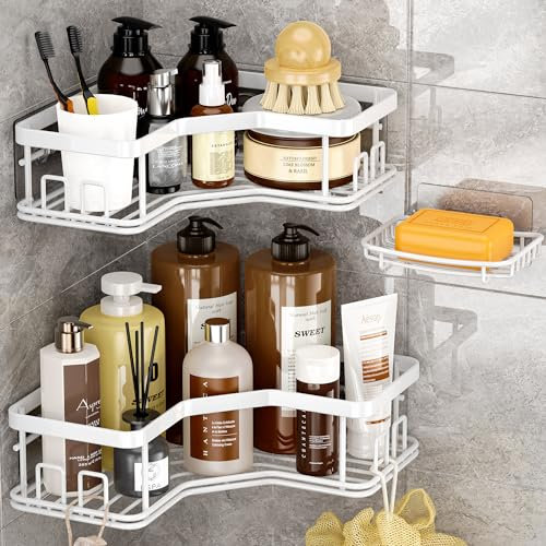 MAXIFFE Lot de 3 organiseurs de douche d'angle pour salle de bain, comptoir, décoration d'intérieur, blanc