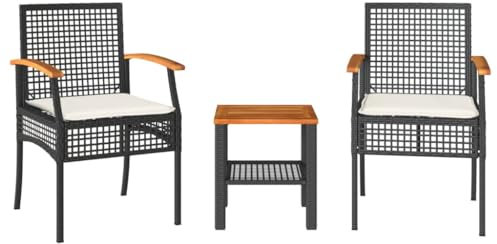 vidaXL Bistro Set 3-TLG., Balkonset mit Kissen, Sitzgruppe für Garten Terrasse Balkon, Gartenmöbel 2 Stühle 1 Tisch, Balkonmöbel Gartenset, Schwarz Poly Rattan Akazienholz