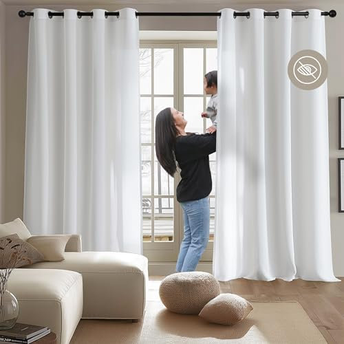 LYBHZDQ White Privacy Sheer Curtains Semi with Light Filtering, Non See Through Grommet Semi Curtain Drapes for Bedroom Living Room 2 Panels, Thermal Insulated W52 X L72 (Snow White, 132 x 183cm)