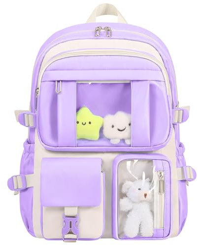 HORHEAR Rucksack Kawaii für Schule Mädchen Niedliche Tasche mit Kawaii Stuff Bear Anhänger Rucksack Ästhetik für Kinder Schulrucksack (Lila)