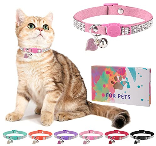 DILLYBUD Collier pour chat en strass avec clochette, collier en diamant avec boucle de sécurité à dégagement rapide pour fille, garçon, petit chaton, chiot - Collier mignon et doux pour chat femelle,