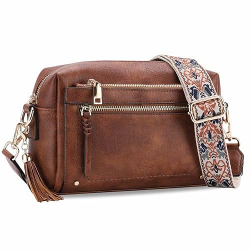 Kasgo Umhängetasche Damen, Mode Crossbody Bag Vegan Leder Handtasche Kleine Satchel für Frauen mit Verstellbarem Riemen Braun