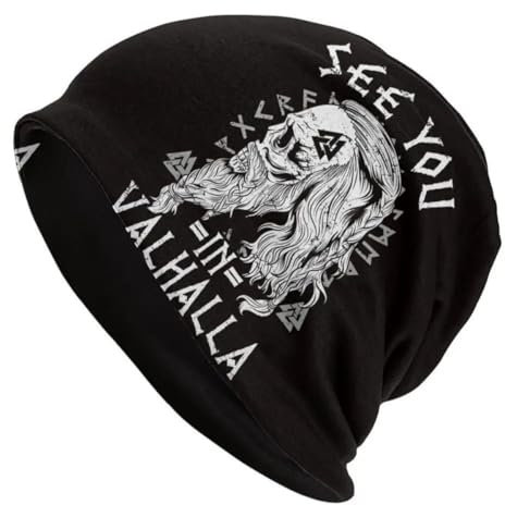JHBTFQ Wikinger Beanie-Mütze für Herren Damen Stricken Doppellagig Skullies Herbst Sommer Odin-Mythos Nordisches Geschenk,See you in valhalla,One Size