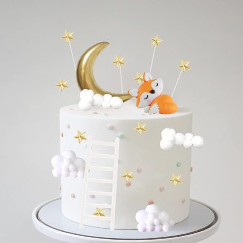 Tortendeko Geburtstag, Füchse Tortendeko Geburtstag, Weiße Wolke Kuchendeckel, Cake Topper Geburtstag mit Wolke, Sterne, Mond, Leiter, Fuchs, für Mädchen Junge Geburtstagsparty