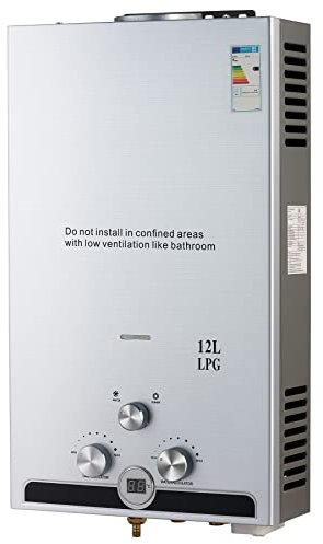 CO-Z Gas Water Heater 12L 20.4kW LPG Tankless with Winter & Summer Modes, Stainless Steel, LED Display, for Outdoor Camping, Trip [Energy Class A]