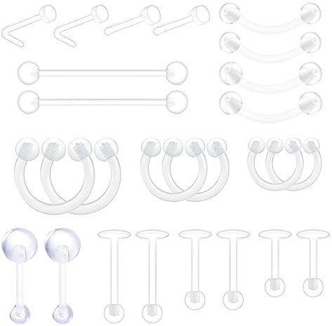 JEXOWIQ retainers - 24 pcs Durchsichtige Plastik Cartilage Helix Tragus Piercing Körperschmuck Piercing Retainer Flexible Kunststoff Nasenseptum Lippe Augenbrauenringe Mix Retainers Set
