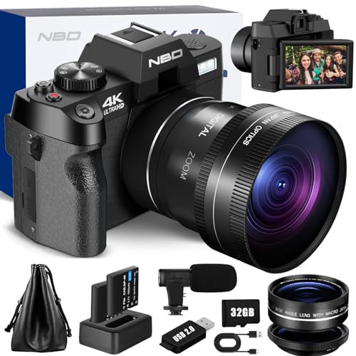 NBD 4K Digital Cameras for Photography - 48MP/60FPS Video Camera for Vlogging, WiFi & App Control, YouTube Vlogging Camera with 32GB TF Card. Wide-Angle & Macro Lens Included (Brown) (Black)