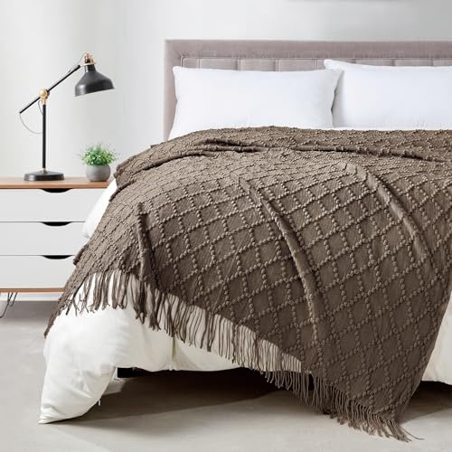 BOURINA Throw Blanket Textured Solid Soft Throws and Blankets for Sofa or Bed Knitted Decorative Blanket 127x178cm Brown