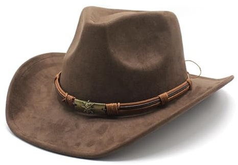 HIQIU Unisex Breite Krempe Panama Westernhut Wildleder Cowboyhut Ethnischer Stil Cowgirl-Hut mit Seildekoration für Damen und Herren (DE/NL/SE/PL, Alphanumerisch, Einheitsgröße, M, B1# Braun)