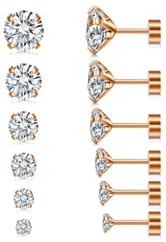 LAURITAMI 6 Stück Ohrstecker Set 3-8mm Zirkonia Eingelegt Ohrstecker Rose Gold,20G Chirurgenstahl Medizinische Ohrstecker Knorpel Ohrringe für Damen und Herren Mehrfache Piercings Schmuck